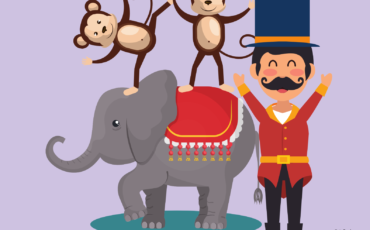 Cute Circus Elephant with Monkeys and Trainer drawings