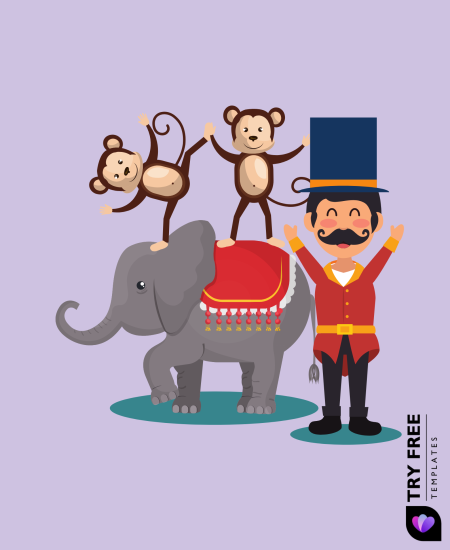 Cute Circus Elephant with Monkeys and Trainer drawings